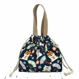 cute Carto Print Bento Bag Casual Drawstring Portable Tote Lunch Bags Canvas Food Picnic Bags Lunch Bags for Work v0iX#