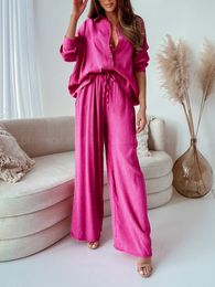 Women Spring 2 Pieces Outfits Solid Color Turn-Down Collar Long Sleeve Shirts Wide-Leg Loose Long Pants Set 240407