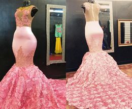 Pink Mermaid Prom Dresses Jewel Neck Sleeveless Illusion Appliques Rose Flowers Satin Plus Size Evening Gowns Party Dresses7262839