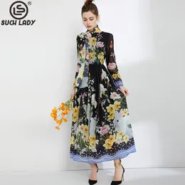 Casual Dresses Women's Dress O Neck Long Sleeves Floral Printed High Street Designer Maxi Vestiods With Scarlf