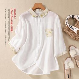 Women's Blouses Cotton And Linen POLO Collar Seven-point Sleeve Shirt Spring Summer Korean Style Artistic Elegant Loose