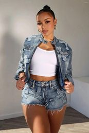 Women's Tracksuits 2024 Spring Fashion Denim Women Sets Zipper Long Sleeve Embroidered Jacket And Shorts Jeans 2 Two Piece Set Outfits