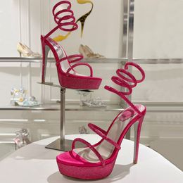 Rene Caovilla rhinestone Platform Heel Sandals Womens High Heeled Ankle Wraparound Dress Shoes Snake Strass Stiletto heels 120mm Luxury Designers Dinner shoe