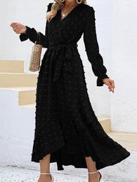 Casual Dresses Doury Women Fall Long Dress Swiss Dot V-Neck Sleeve Fashion Irregular Ruffles Hem Holiday With Belt