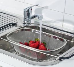 Retractable Drain Basket Rubber Grip Handles Stainless Steel Oval Colander Sink Vegetables Draining Rack Drain washing basket T2001243471