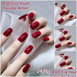 False Nails 24Pcs Red Solid Colour Fake French Acrylic Fl Er Temperament Elegant Fingernail Sticker Drop Delivery Dh48Z