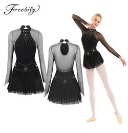 Adult Shiny Rhines Long Sleeve Mesh Splice Ballet Gymnastics Leotard Women Figure Skating Dress Competition Dance Costumes5792196