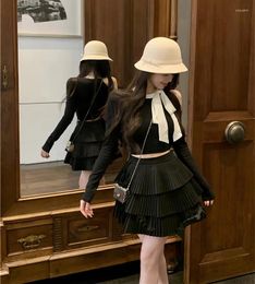 Work Dresses Off Shoulder Black Knit Top Y2k Vintage Autumn Sets Cake Pleated Skirts Two Piece Womens Outifits Slim Bow Sweaters