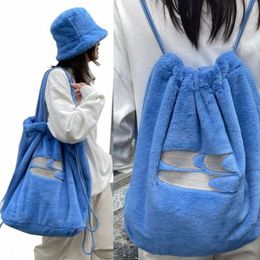 y2k Korean Fi Plush Underarm Shoulder Bag Large Capacity Backpack Casual Drawstring Tote Bag Portable Gym Shop Handbags e8te#