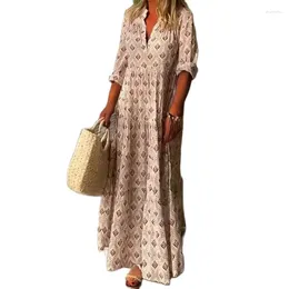 Casual Dresses Women Vintage Print V Neck Pullover Dress Spring Autumn Long Sleeve Comfortable Floor-length Gown Female Loose 24