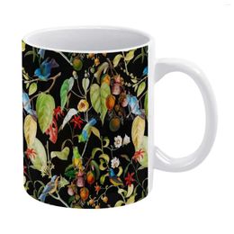 Mugs Vintage Tropical Sing Birds And Fruits Pattern Black White Mug 11 Oz Funny Ceramic Coffee/Tea/Cocoa Unique Gift Nature Jungl