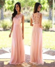 Blush Lace Bridesmaid Dresses Jewel Sleeveless Wedding Guest Dress Sheer Zipper Back Sweep Train Chiffon Formal Evening Gowns9655217