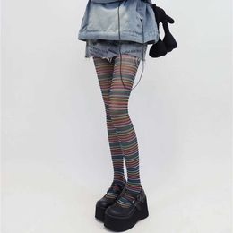 Sexy Socks Punk Style Women Tights Colorful Striped Pantyhose Women Tights Sexy Lingerie Hosiery Y2k Girls Thigh High Stockings Pantyhose 240416