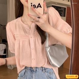 Women's Blouses Retro Cute Chic Tops 2024 Women Summer Korea Japan Style Design Pink White Button Shirt Blouse FLHJLWOC Vintage