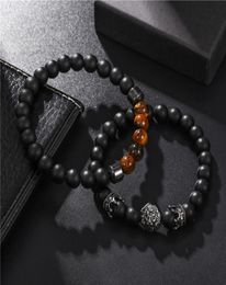 Charm Bracelets 2pcsset Fashion Lion Crown Black Frosted Stone Bead Bracelet Men Classic Matte For Pave CZ Jewelry Gift3398720