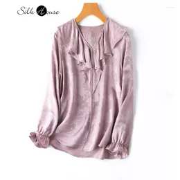 Women's T Shirts 2024 Spring Natural Mulberry Silk Hualuo Jacquard Satin V-neck Ruffle Edge Pink Purple Long Sleeved T-Shirt