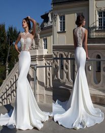 Sexy Lace Mermaid White Wedding Dresses Sheer Neck Vestidos de Novia sweep Train Robe de mariage Cheap Bridal Gowns8225662