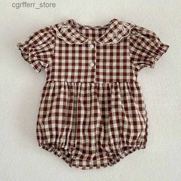 Rompers Summer Infant Clothes Baby Girl Rompers Plaid Embroidered Collar Lantern Short Sleeves Bodysuit Jumpsuits Toddler Clothing 0-24M L410