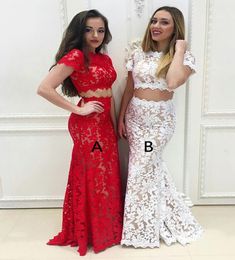 Stunning Lace 2 Pieces Prom Dresses Sheath Red White Short Sleeves Long Cheap Evening Formal Dress Gowns New6110528