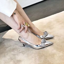 2024 women Ladies leather 6.5CM heels sandals summer Casual pillage toes pointed wedding dress Gladiator shoes diamond Slip-On Elastic band Ankle Strap size 34-42