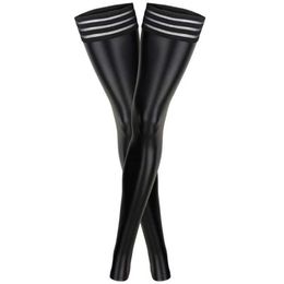 Sexy Socks Women Pole Dance Sexy Faux-Leather Stockings Leg Warmers Night Club Striped Elastic Over the Knee Footless Long Socks 240416