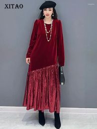 Casual Dresses XITAO Patchwork Pleated Pullover Dress Loose Solid Colour O-neck Long Sleeve Temperament Winter Women DMJ3521