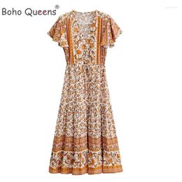 Party Dresses Boho Queens Women V-neck Floral Print Beach Bohemian Maxi Dress Ladies Long Sleeve Summer Vestidos