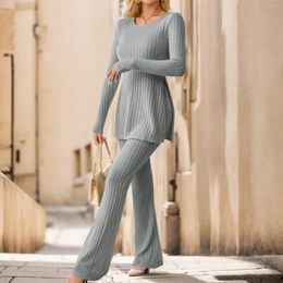 Women's Two Piece Pants 2024 Stripe Knit Flare Pant Set Slim Long Sleeve Pullover T-Shirts For Women Solid Simple Sweatershirt Suit Home