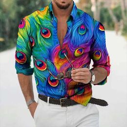 C4WH Men's Casual Shirts 2024 New Peacock Tail 3D Printed Mens Shirt with Polo Collar Long Sleeve s-6XL Four way Elastic Fabric 240417
