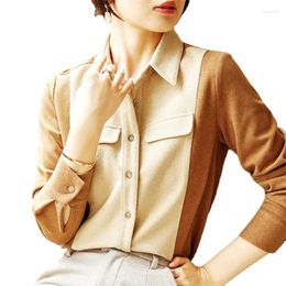 Women's Blouses Shirt Spring 2024 All-match Sanded Hair Contrast Stitching Long-sleeved Jacket Outer Wear