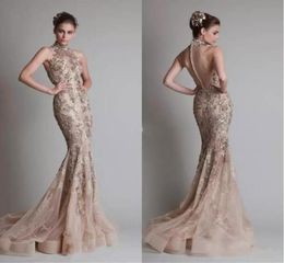 Zuhair Murad 2020 Evening Dresses High Neck Sweep Train Champagne Mermaid Prom Gowns Appliques Buttons Back Special Occasion Dress7952806