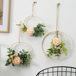 Decorative Flowers Cilected Eucalyptus Wall Hanging Wreath Decoration Artificial Rose Flower Wood Hoop For Wedding Backdrop Floral