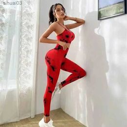 Women's Tracksuits Tie-dye Seamless Yoga Wear High-waist-hip Lift Yoga Pants Fitness Wear Sports Underwear Set Yoga Set No Cup Suit SetL2403