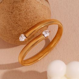 Two Heart Shaped Zircon Open Striped Adjustable Bangle Waterproof Stainless Steel Jewellery 18K Gold 316L Womens Hand Bracelets 240416