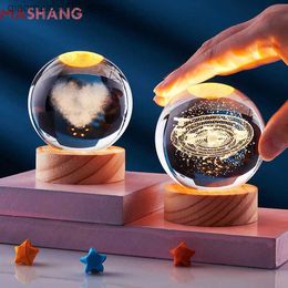 Lamps Shades Saturn/Sun Planet Galaxy Star Moon USB crystal ball table lamp with wood based 7-color 3D atmospheric room night light as a childrens gift Q240416