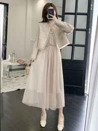 Work Dresses High Quality Small Fragrance Tweed Two Piece Set Women Short Jacket Coat Spaghetti Straps Mesh Patchwork Dress Suits