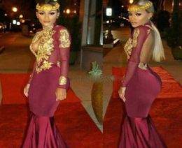 2016 Arabic Burgundy Long Sleeves Evening Dresses Gold Lace Appliques Backless High Neck Keyhole Neckline Ankara Mermaid Evening D3131284