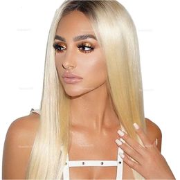 Hot Selling 180% Density Glueless Long Silky Straight Baby Hair Synthetic Ombre Blonde Lace Front Wigs For Women Heat Resistant
