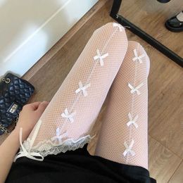 Sexy Socks Bow Knot Fishnet Stockings Womens Thin Summer Sexy Loli Hollow Legs Long Tube Bottoming Silk Pantyhose Tall Cute Maid Stockings 240416