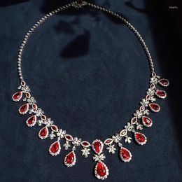 Chains Vintage Lab Ruby Diamond Necklace 14K White Gold Engagement Wedding Chocker For Women Bridal Jewelry