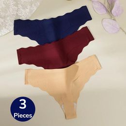 Women's Panties TrowBridge 3PCS Set Silk Satin Seamless Thongs Fashion Striped Underwear Sexy Lingerie Sweet Wavy Edge G-Strings