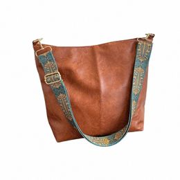 vintage Solid Color PU Leather Women Fi Shoulder Sling Bag High-Capacity Simple Wide Strap Bucket Crossbody Bag Commuting S1oE#