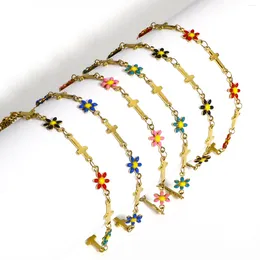 Link Bracelets 1pc Religious 304 Stainless Steel Chain Cross Daisy Flower Double-sided Enamel Charms Bracelet Jewelry