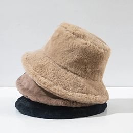 Soft Winter Plush Warm Bucket Hat For Women Girl Solid Color Fordable Wide Brim Panama Cap Outdoor Windproof Tour Basin Hats 240403