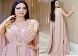 2021 Beaded Muslim Long Evening Dresses Luxury Dubai Moroccan Kaftan Dress Chiffon V Neck Formal Gown Evening Party Dresses6700254