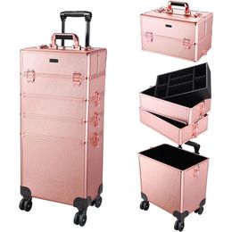 Rolling Makeup Train Case Professional Cosmetic Organiser Travel Trolley Box Home 4 in 1 240416