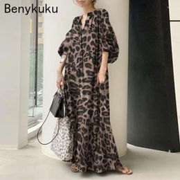 Casual Dresses Leopard Print Fashion Maxi Dress Women's Clothes Sundress 2024 Spring Puff Sleeve Long Vestidos Female V Neck Robe Oversize