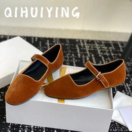 Casual Shoes 2024 Est Handmade Retro Velvet Buckle-Strap Round-Toe Ballet Flats Chocolate Color Mary Janes Dress Loafers Botas Mujer