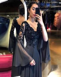 Black Sexy A Line Evening Dresses Deep V Neck Puffy Long Sleeves Chiffon Backless Sweep Train Prom Gowns Party Wear vestidos de fi7862601