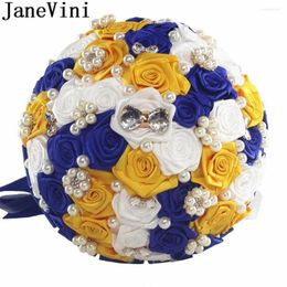 Wedding Flowers JaneVini Royal Blue And Yellow Bridal Bouquet Boutonniere Brooches Bracelet Set Pearl Bow Crystal Bride